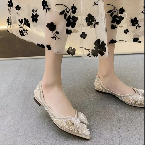 Pearl shoes bridal ballet flats wedding mule pumps pointed embellished bling S 7 - Picture 5 of 10